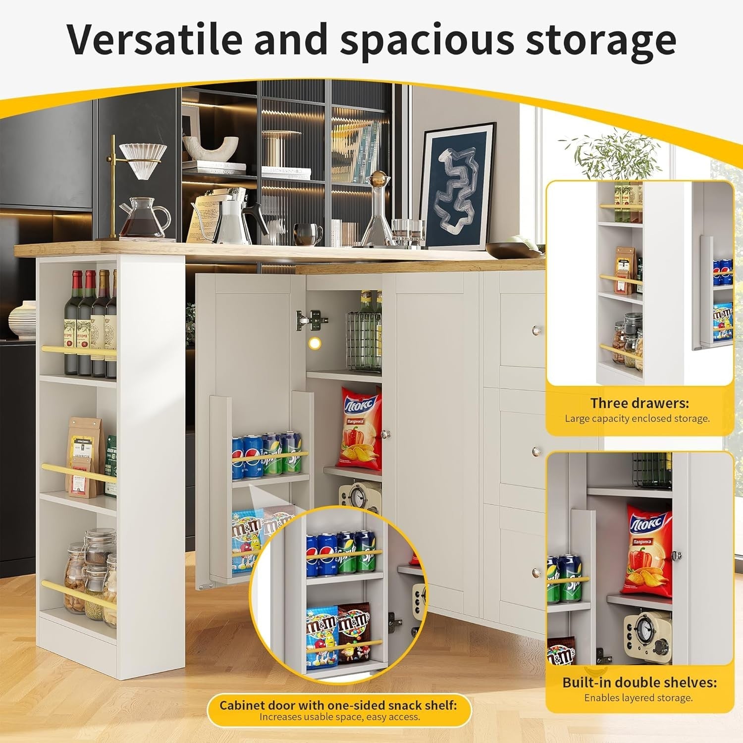 360° Swiveling Extendable Kitchen Island Table with Drawers & Snack Rack