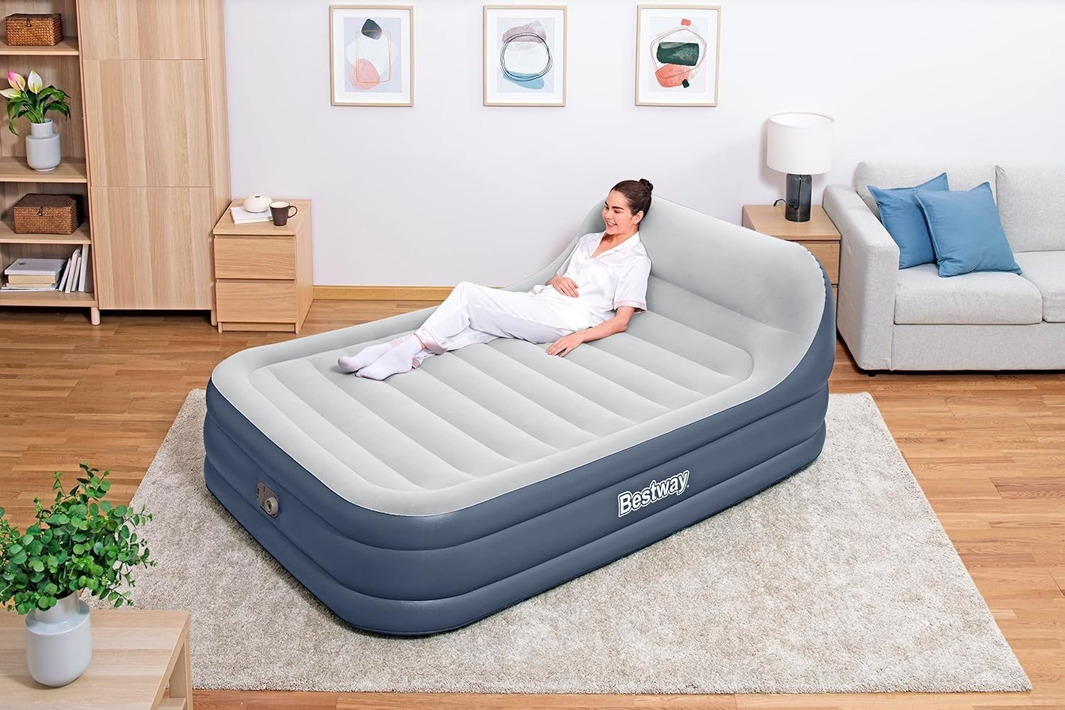 Queen Inflatable Air Bed Built-In Electric Pump Raised Headboard