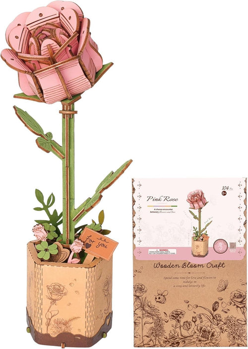 3D Wooden Pink Rose Puzzle – Adjustable DIY Floral Home Decor Gift