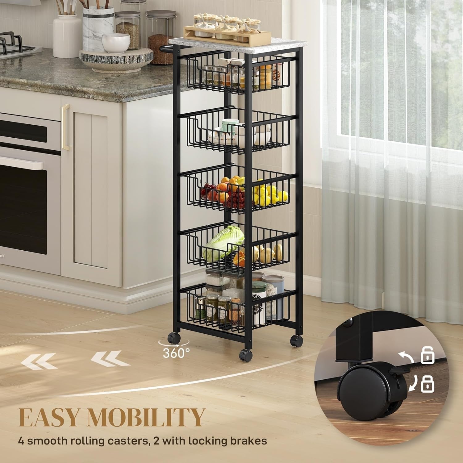 5 Tier Rolling Kitchen Island Cart Storage Trolley Mesh Baskets Grey