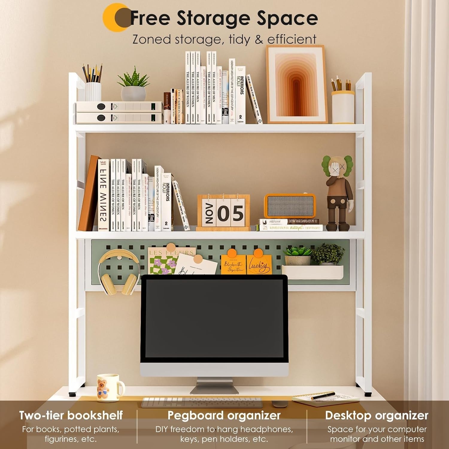 35.4" Desk Hutch Shelf with Pegboard | 2-Tier Metal Desktop Organizer