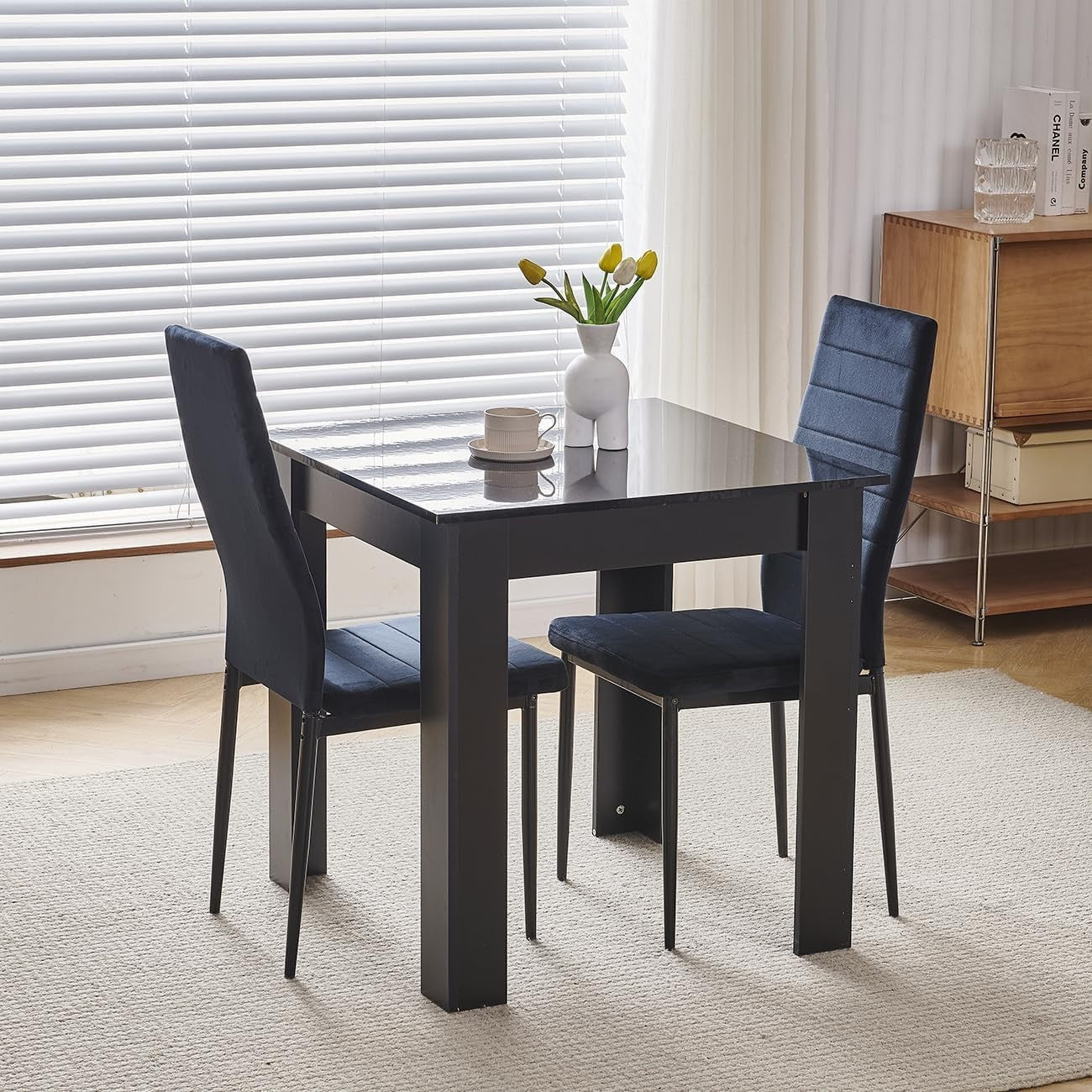 2 Seater Dining Table Set for Small Spaces – Square Table & Velvet Chairs