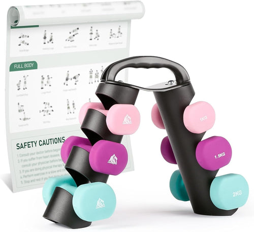 Portable Neoprene Dumbbell Set 1-2KG with Rack – Home Gym Fitness Workout