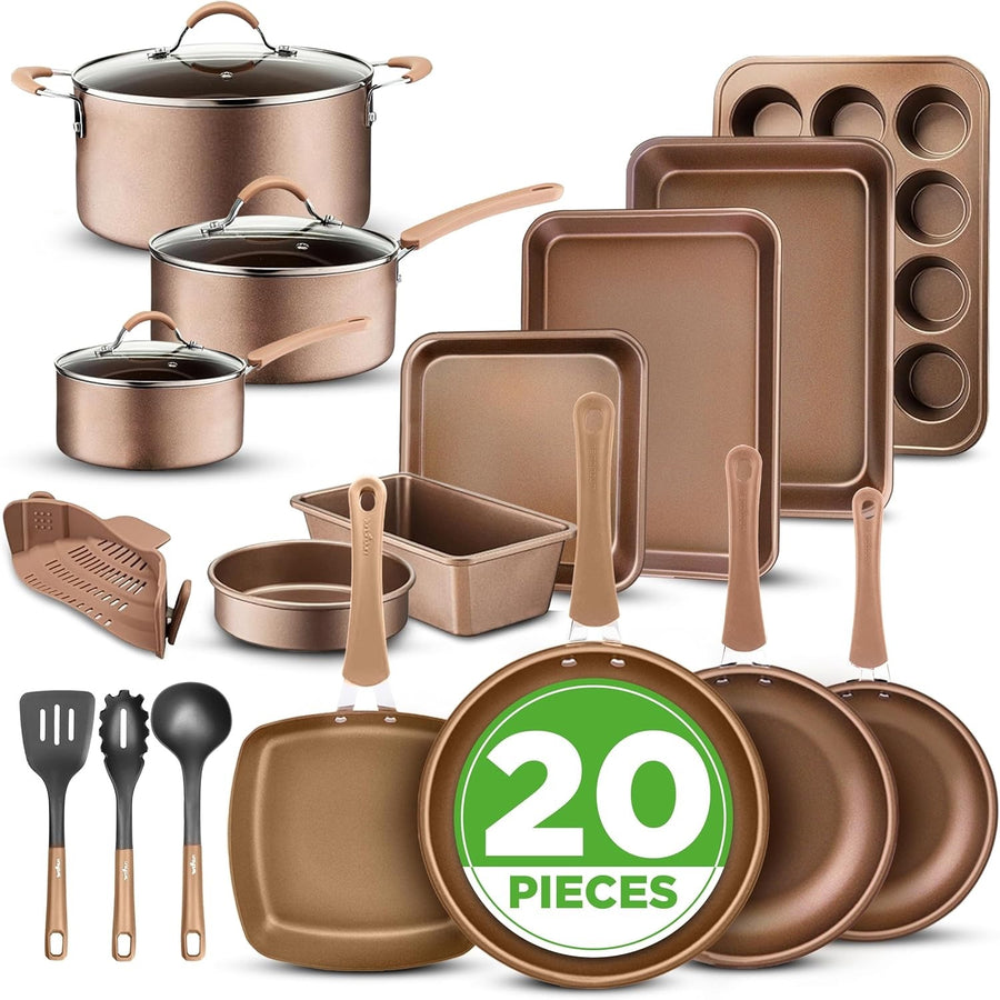 20pcs Matte Gold Non Stick Cookware & Bakeware Set Induction Safe Pots Pans