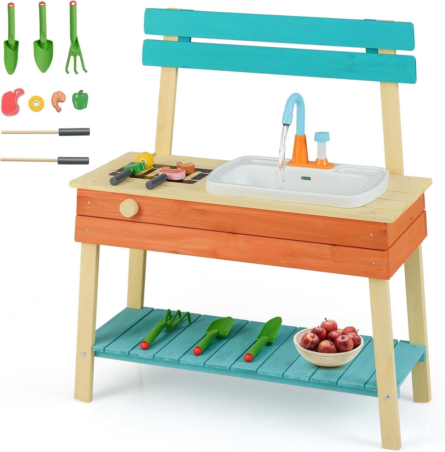 Outdoor Mud Kitchen Kids Wooden Playset w/ Sink Grill Gardening