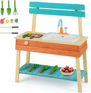 Outdoor Mud Kitchen Kids Wooden Playset w/ Sink Grill Gardening