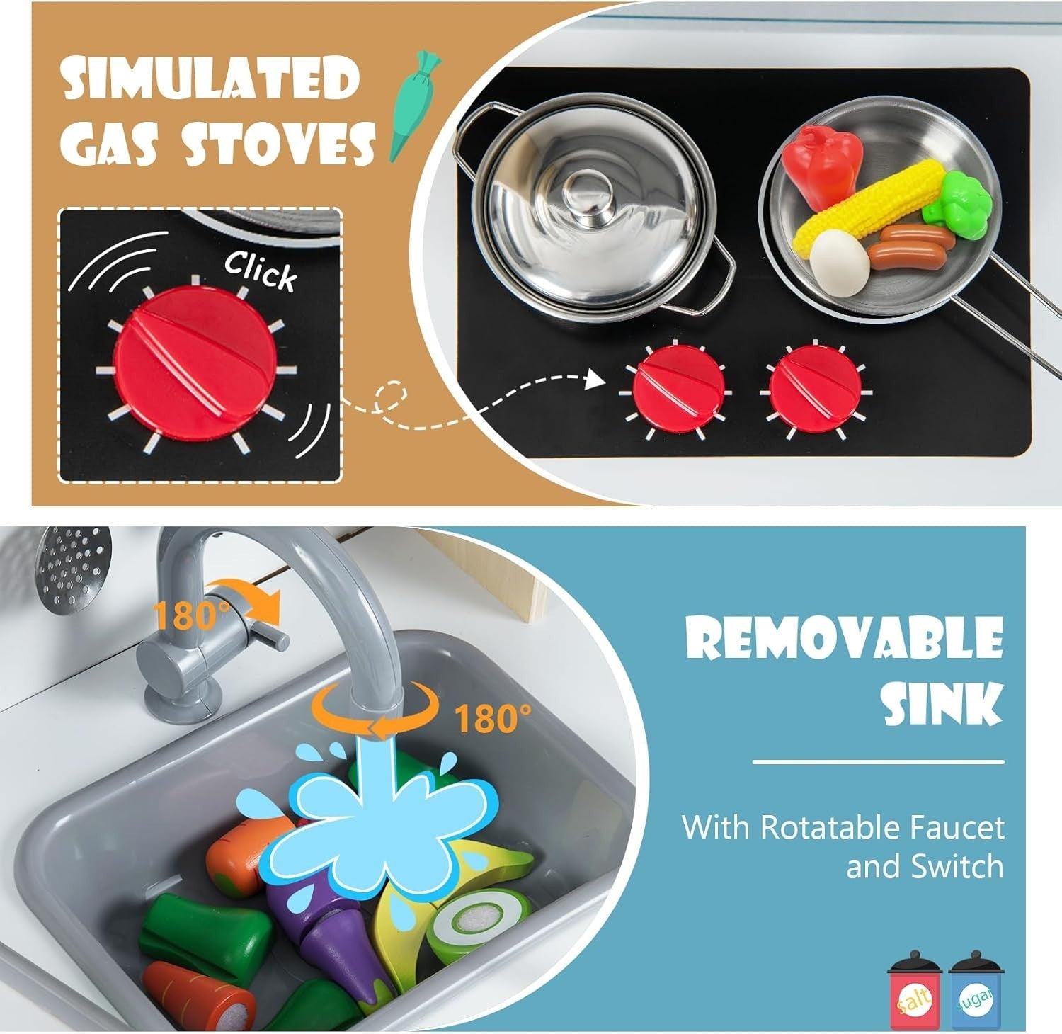 Wooden Kids Play Kitchen Grey Ice Maker Cooking Toy Accessories