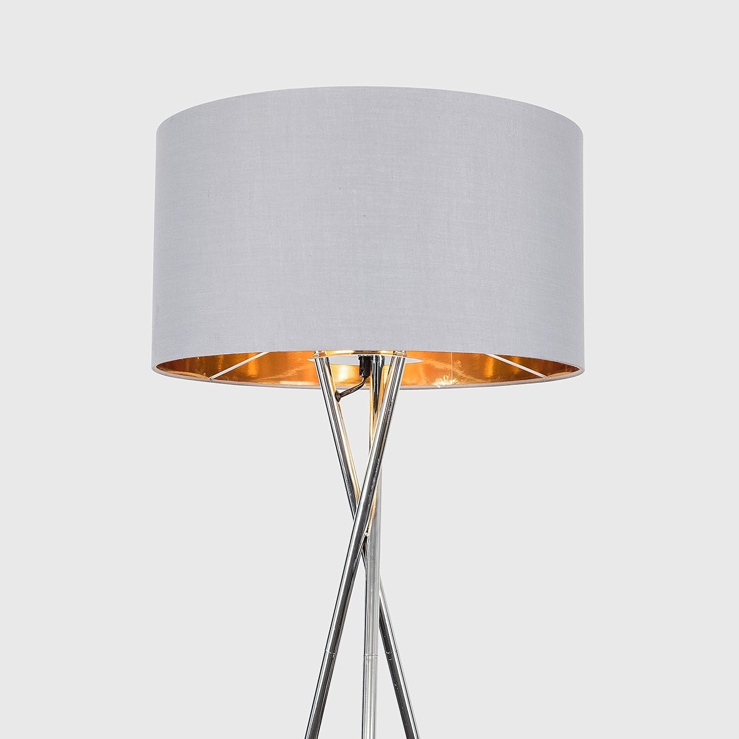 Polished Chrome Tripod Floor Lamp Grey Gold Shade Modern Standing Light