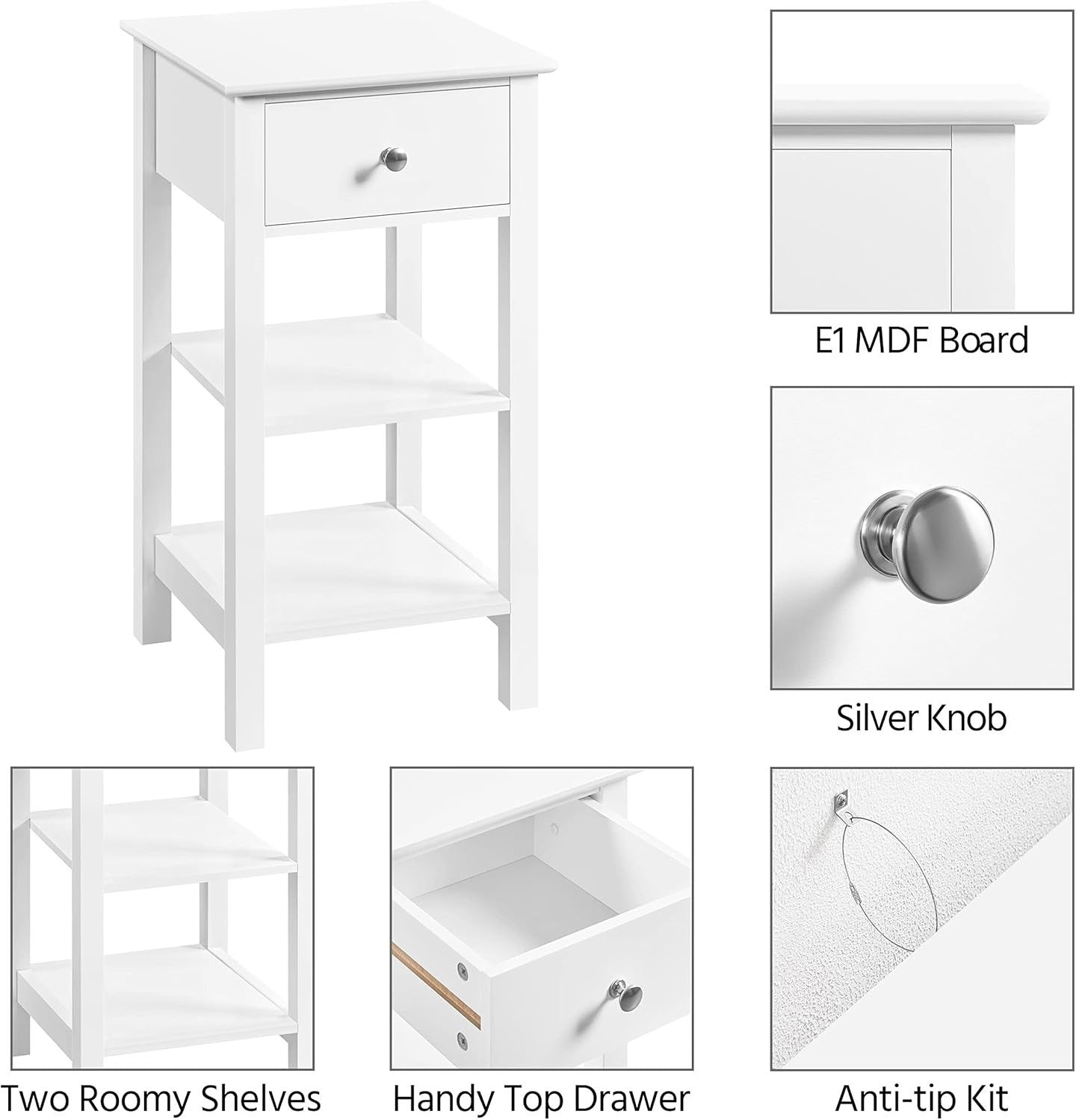 Set of 2 White Narrow Bedside Tables with Drawer & 2 Shelves | Slim Wooden