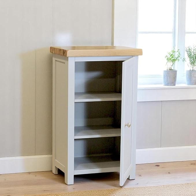 Cashmere Grey Small Wooden Cupboard with Oak Top Hallway Storage Cabinet