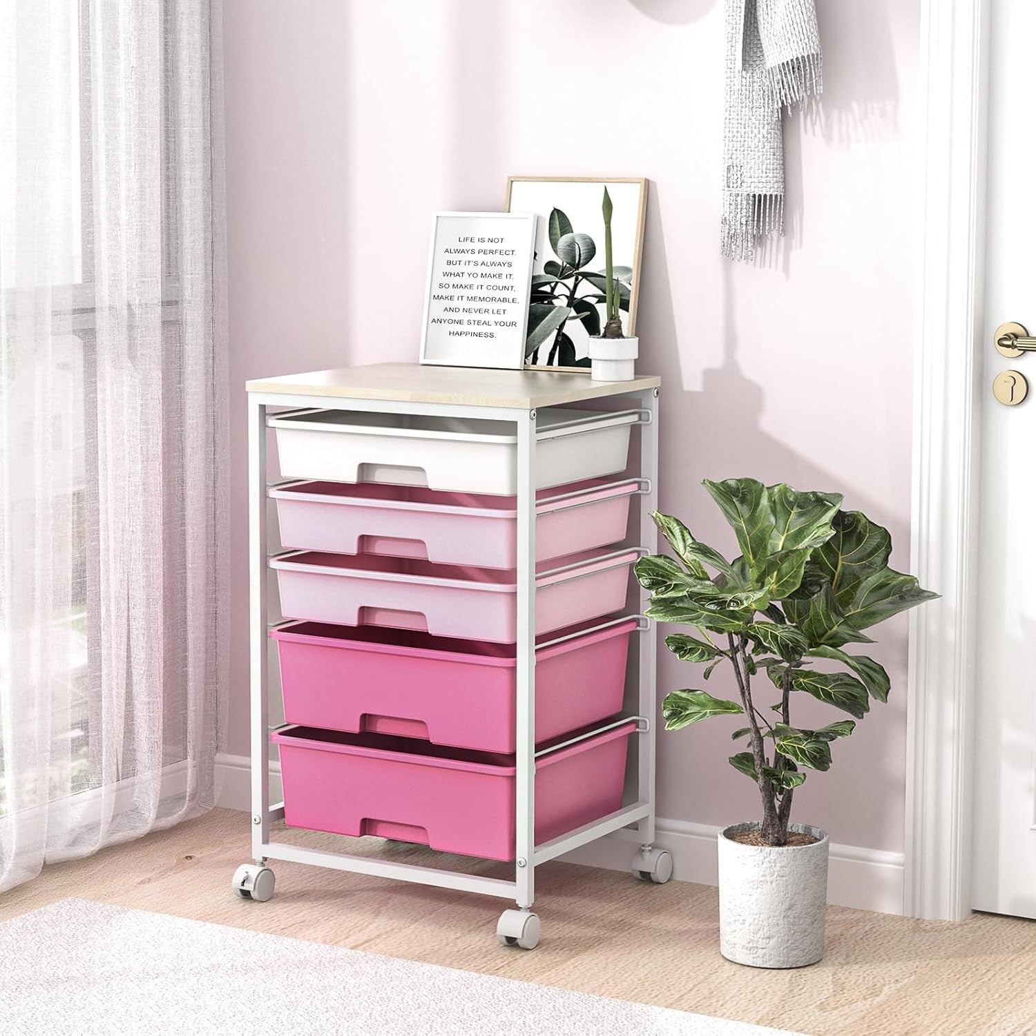 5 Drawer Rolling Storage Cart Pink Utility Organizer Trolley Wheels