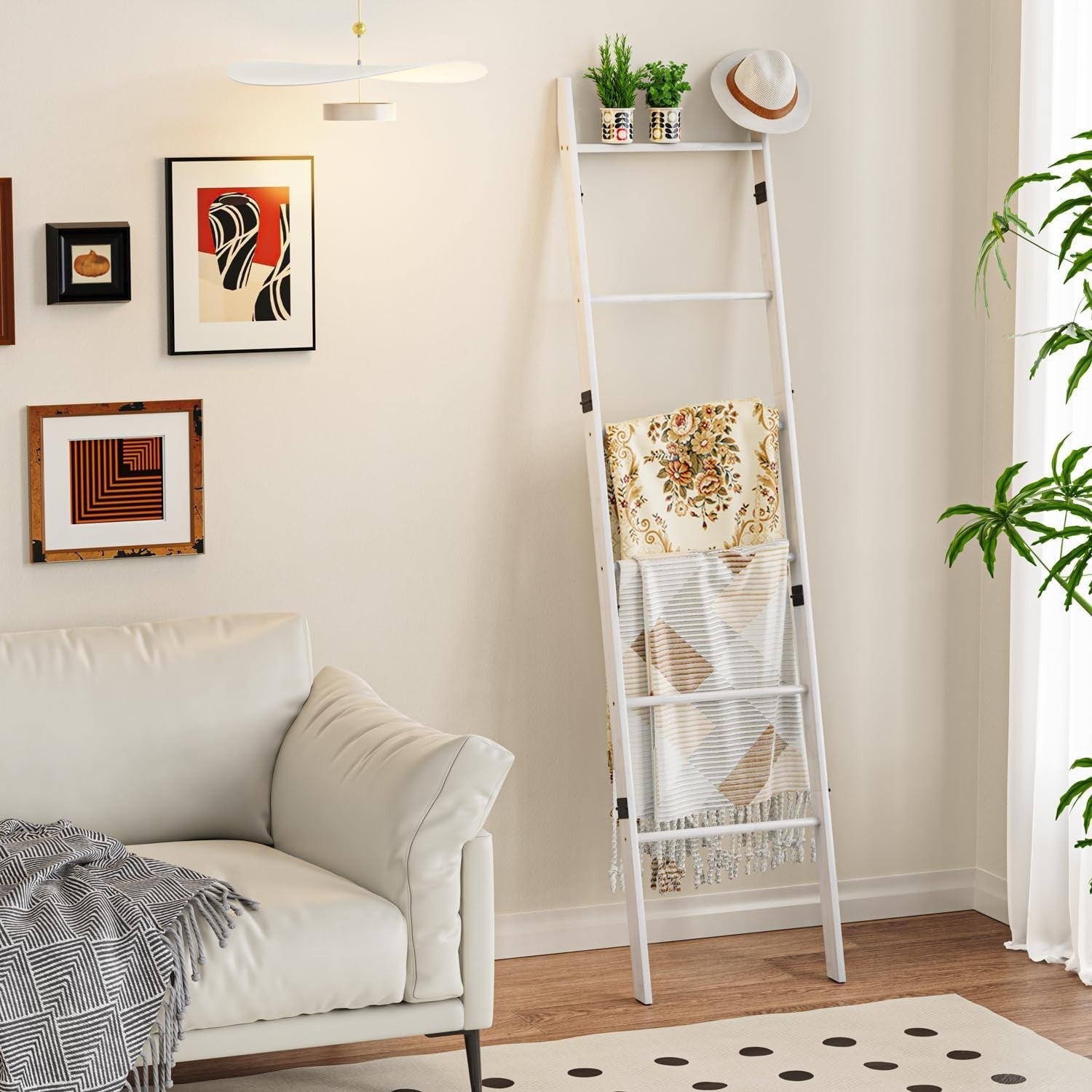 6 Tier Blanket Ladder Bamboo Towel Rack Leaning Storage Shelf White