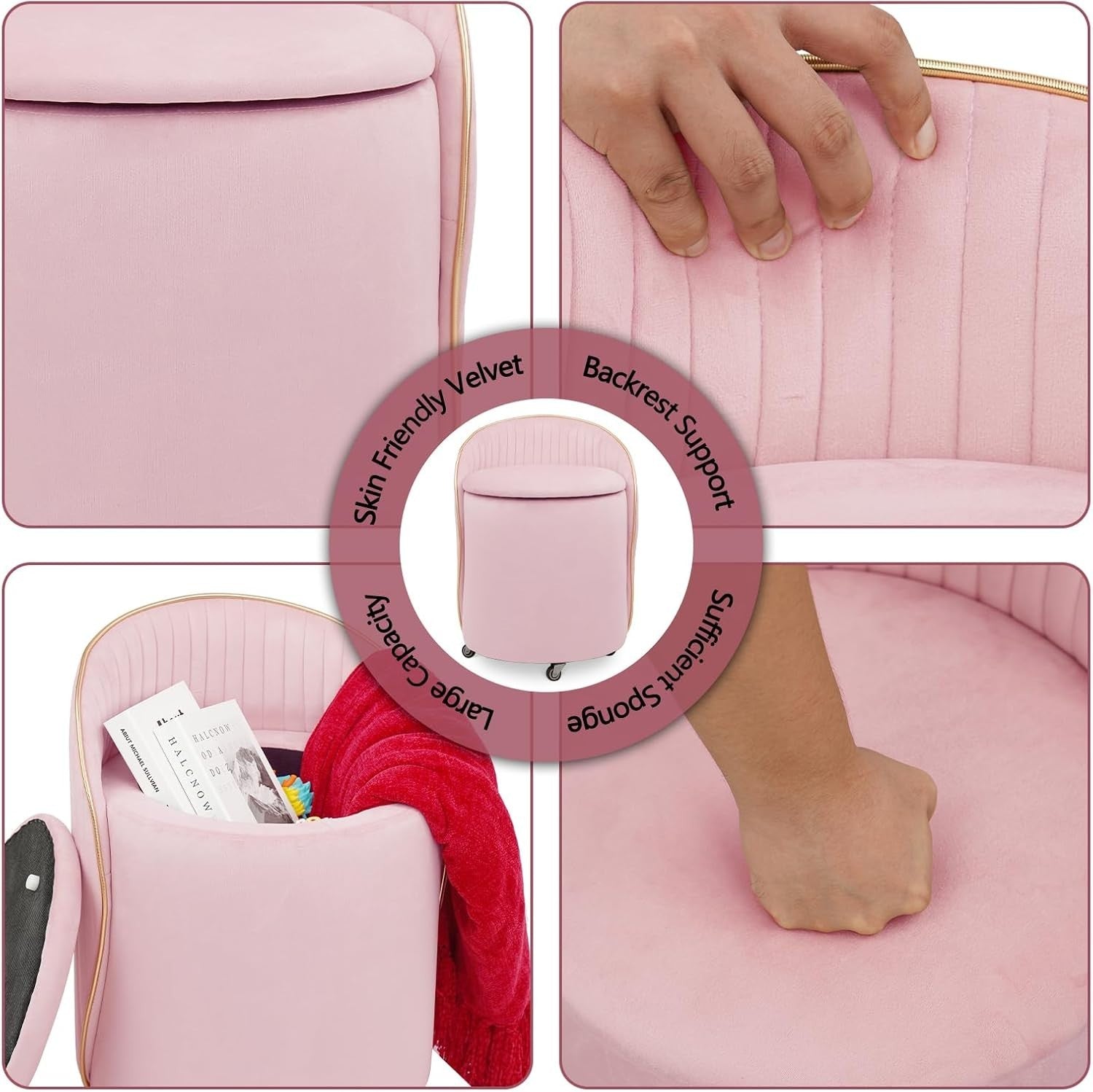 Pink Velvet Storage Ottoman Swivel Stool with Backrest & Wheels 37cm