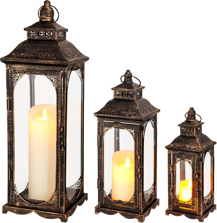 3 Pack Black Vintage Metal Candle Lanterns Indoor Outdoor Decor