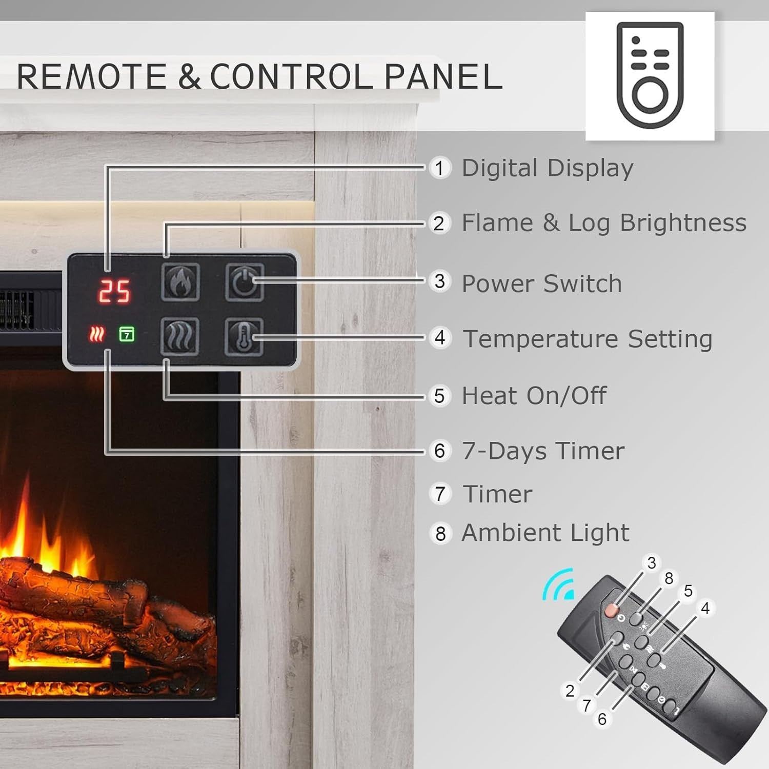 50" Electric Fireplace Heater 2000W Freestanding Realistic Flame LED