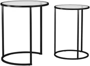 2X Round Nesting Coffee Tables Set Black Steel Base Tempered Glass Top Modern
