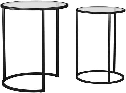 2X Round Nesting Coffee Tables Set Black Steel Base Tempered Glass Top Modern
