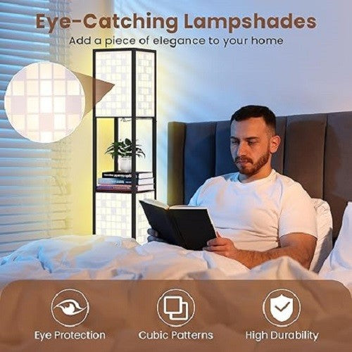Floor Lamp with Shelves Grid Lampshades Storage Standing Light Reading Lamp