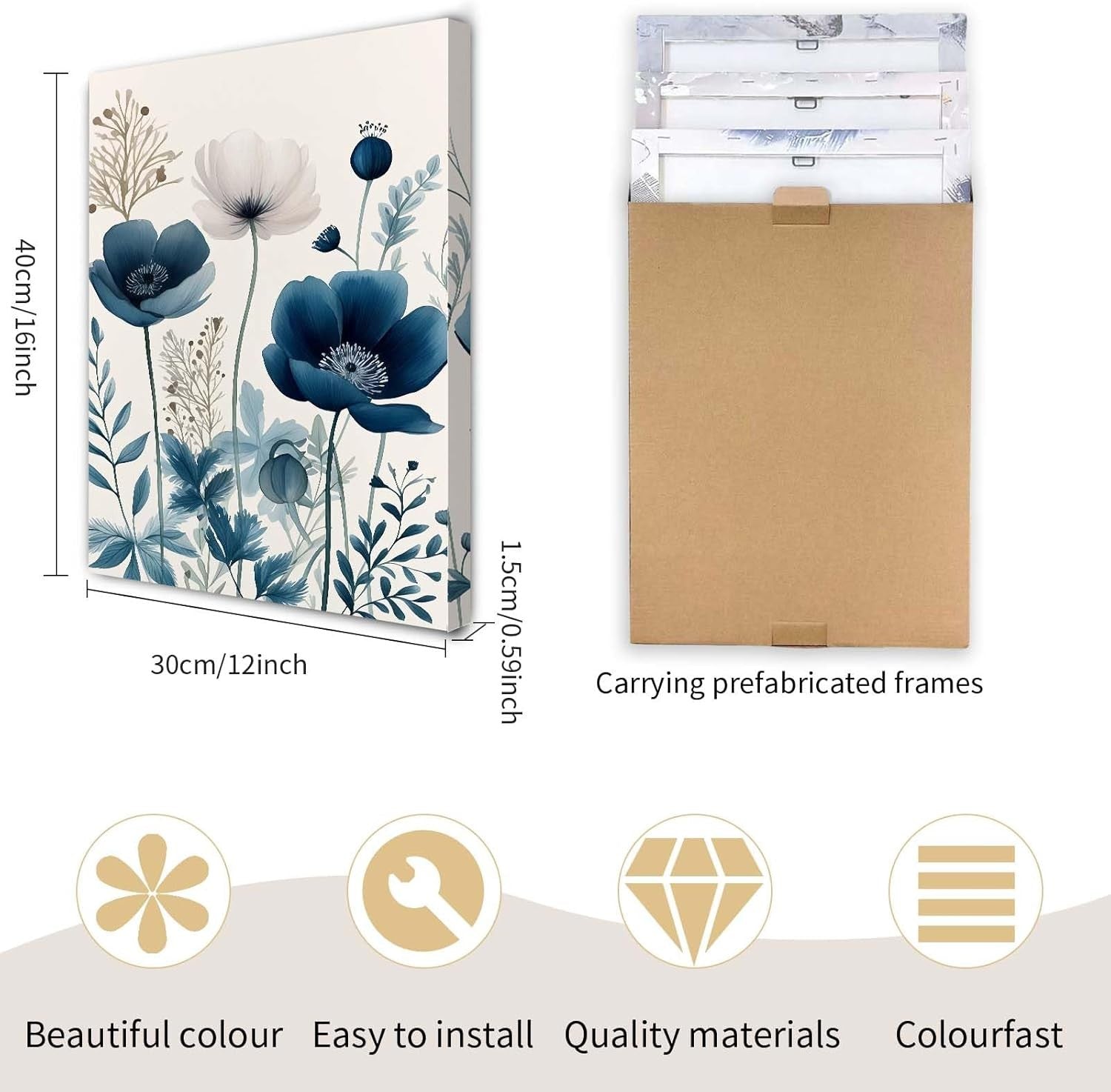 Blue Floral Canvas Wall Art Set of 3 Framed Prints 12x16 Modern Home Decor