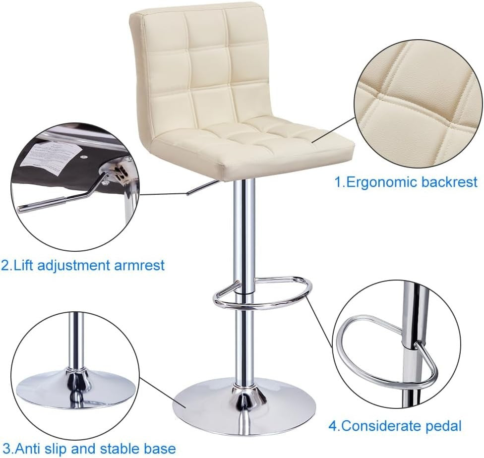 Set of 2 Beige PU Leather Bar Stools Adjustable Height 360° Swivel