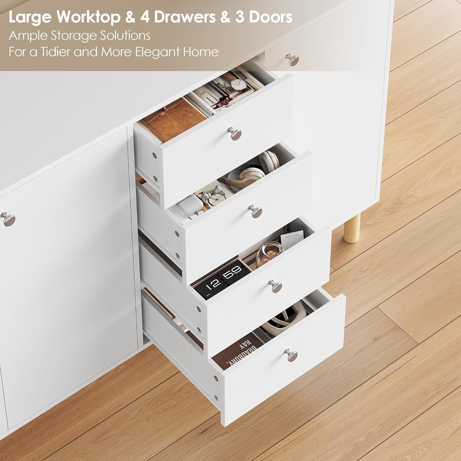 Modern White Sideboard Cabinet with Drawers & Doors 140cm Storage Unit