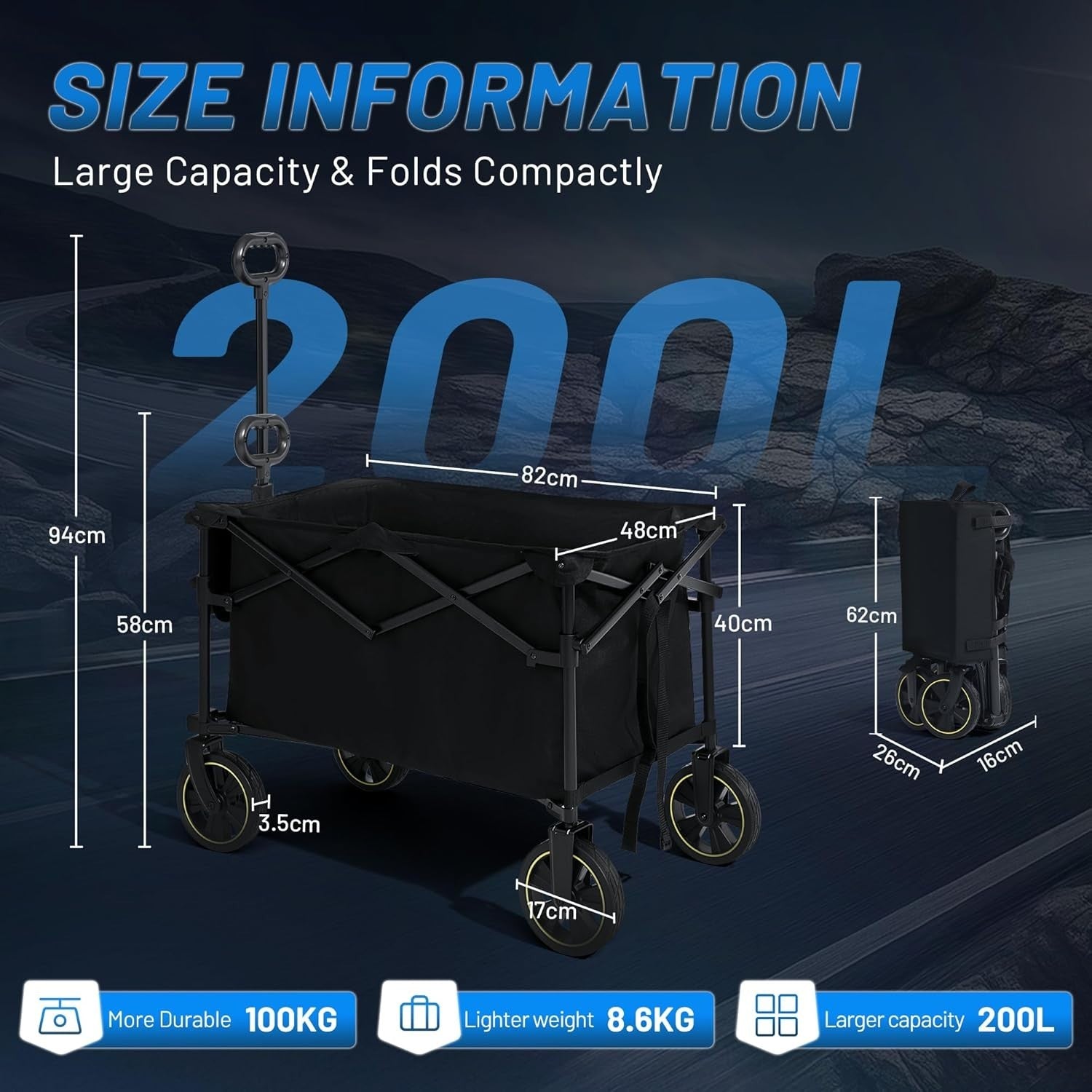 Black 200L Foldable Camping Trolley 100kg Heavy Duty Outdoor Wagon with Handle