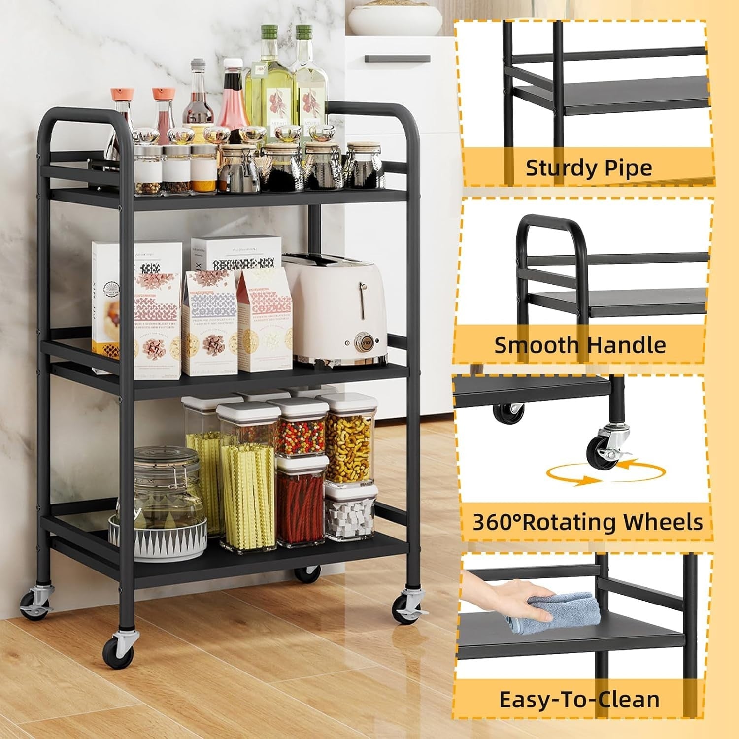 3 Tier Rolling Storage Cart Metal Utility Trolley Kitchen Bathroom Rack