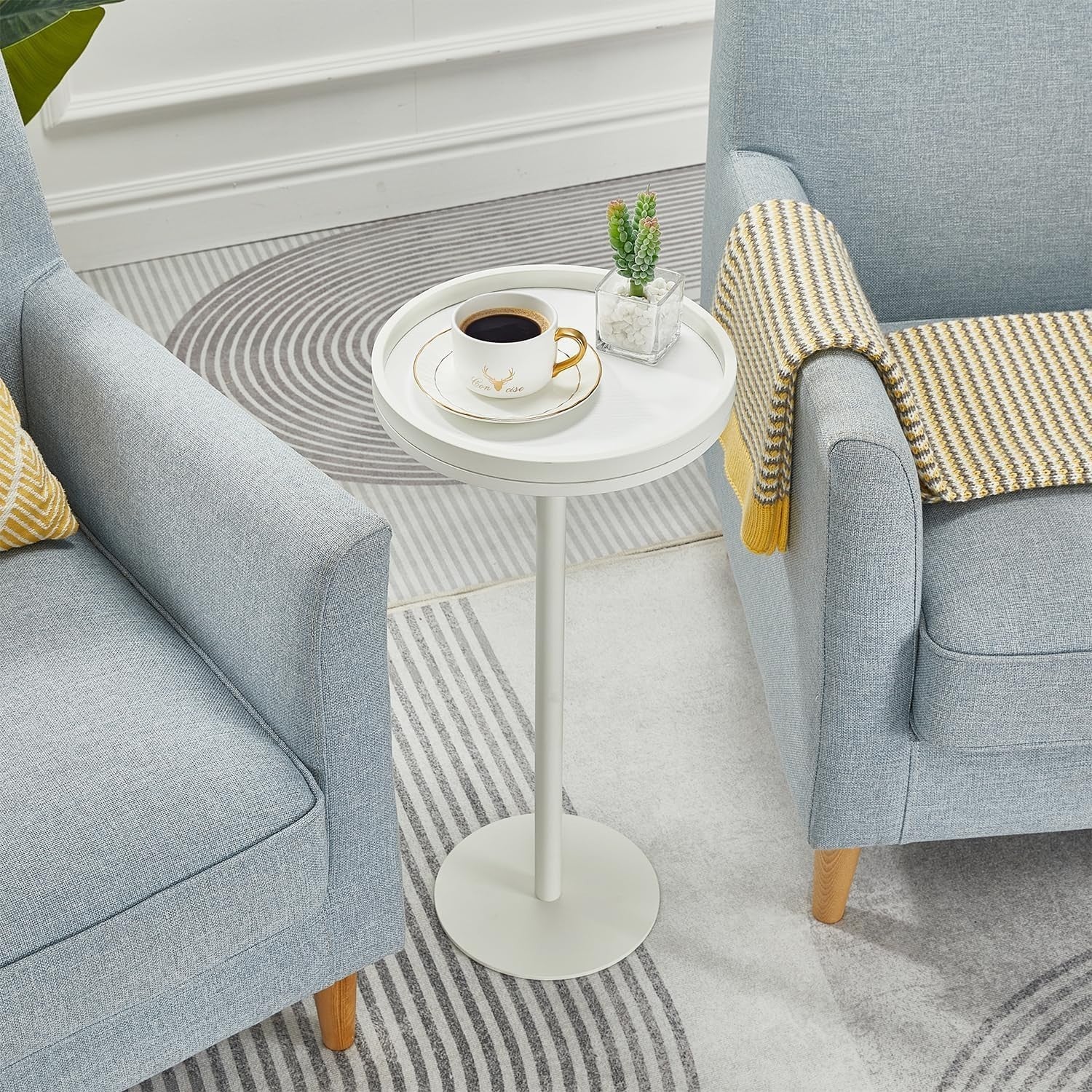 Small Round Coffee Table – 30x30x63cm Side Table for Living Room (White)