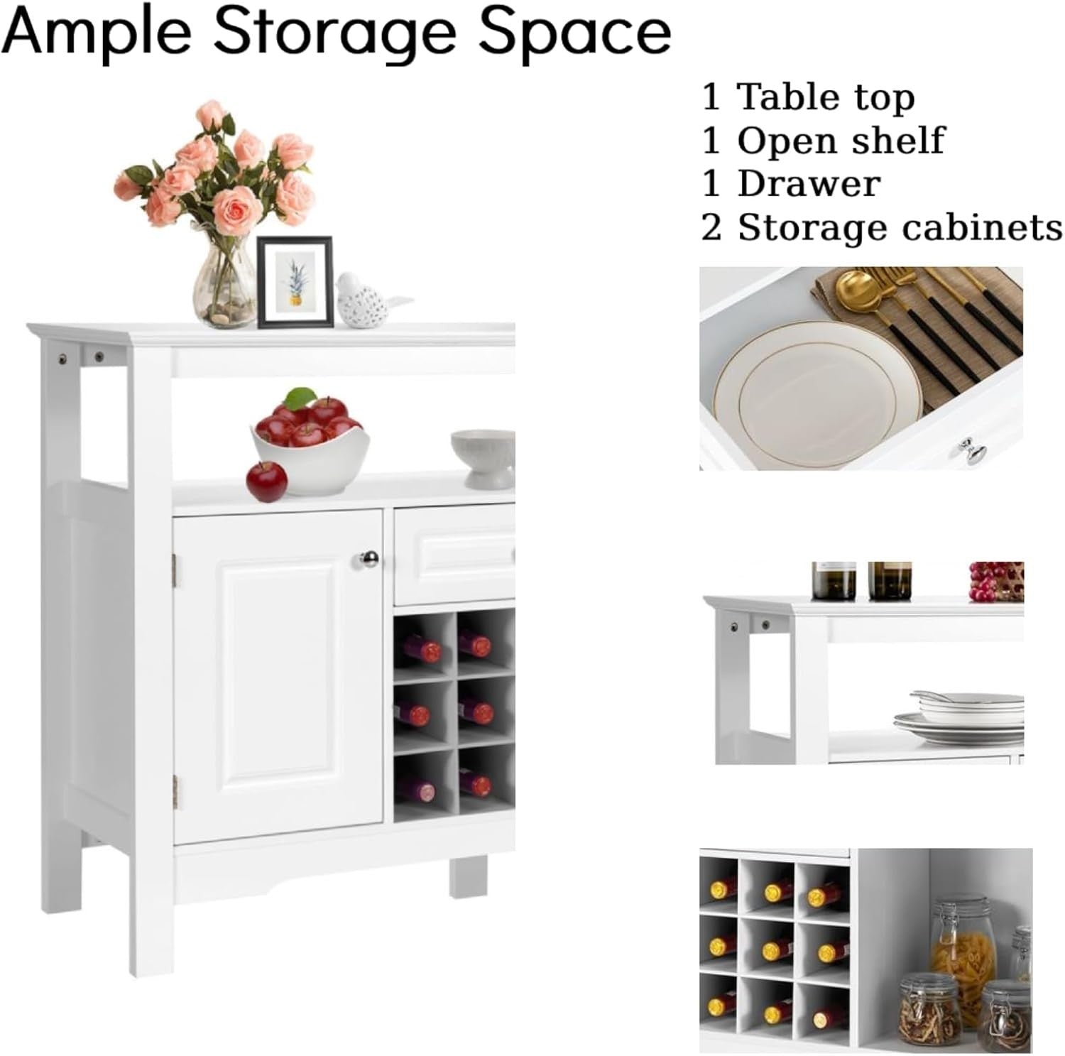 White Wooden Sideboard Buffet Cabinet Wine Rack Bar Drawer Storage