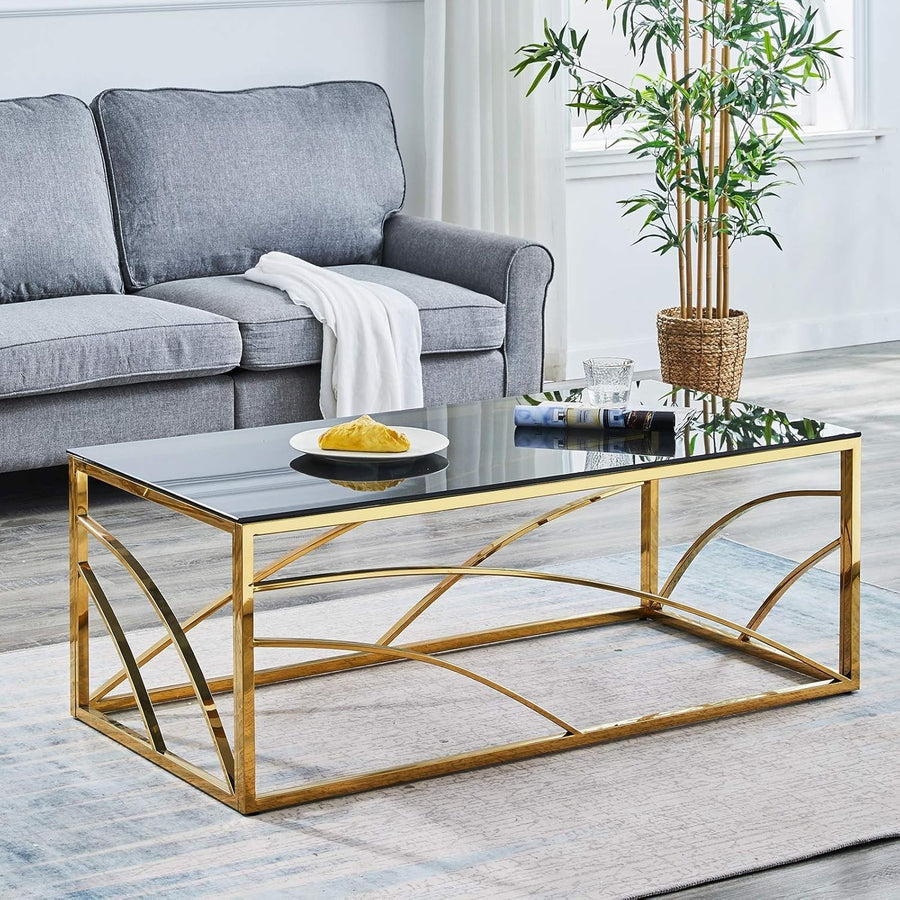 Gold Frame Coffee Table with Dark Grey Tempered Glass, 120x60cm