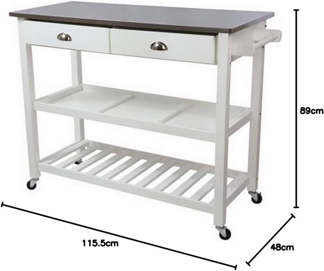 Kitchen Island Trolley Stainless Steel Top White Rolling Storage Cart Drawers
