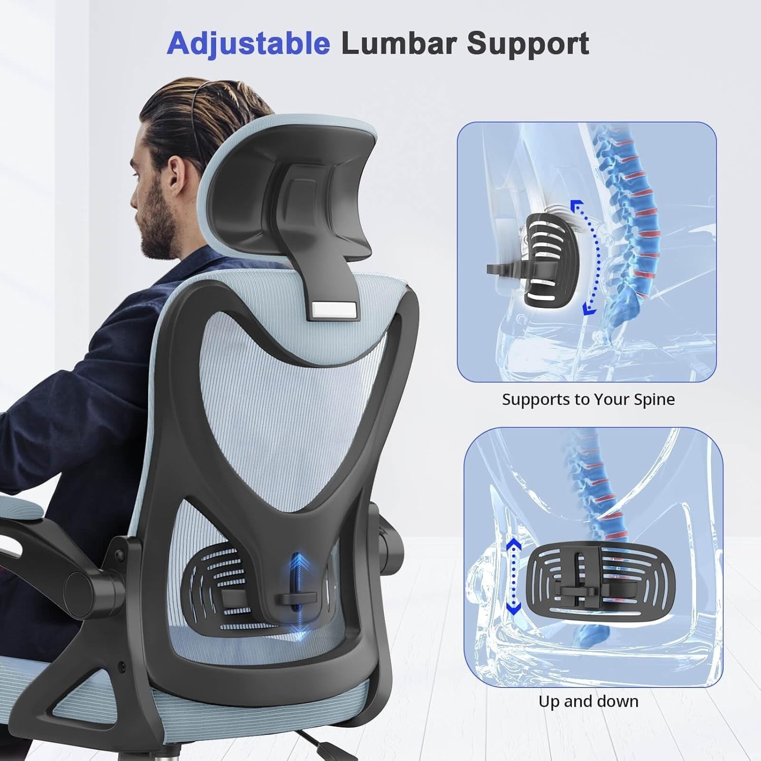 Ergonomic Office Chair High Back Mesh Flip-up Armrests Adjustable Lumbar Support
