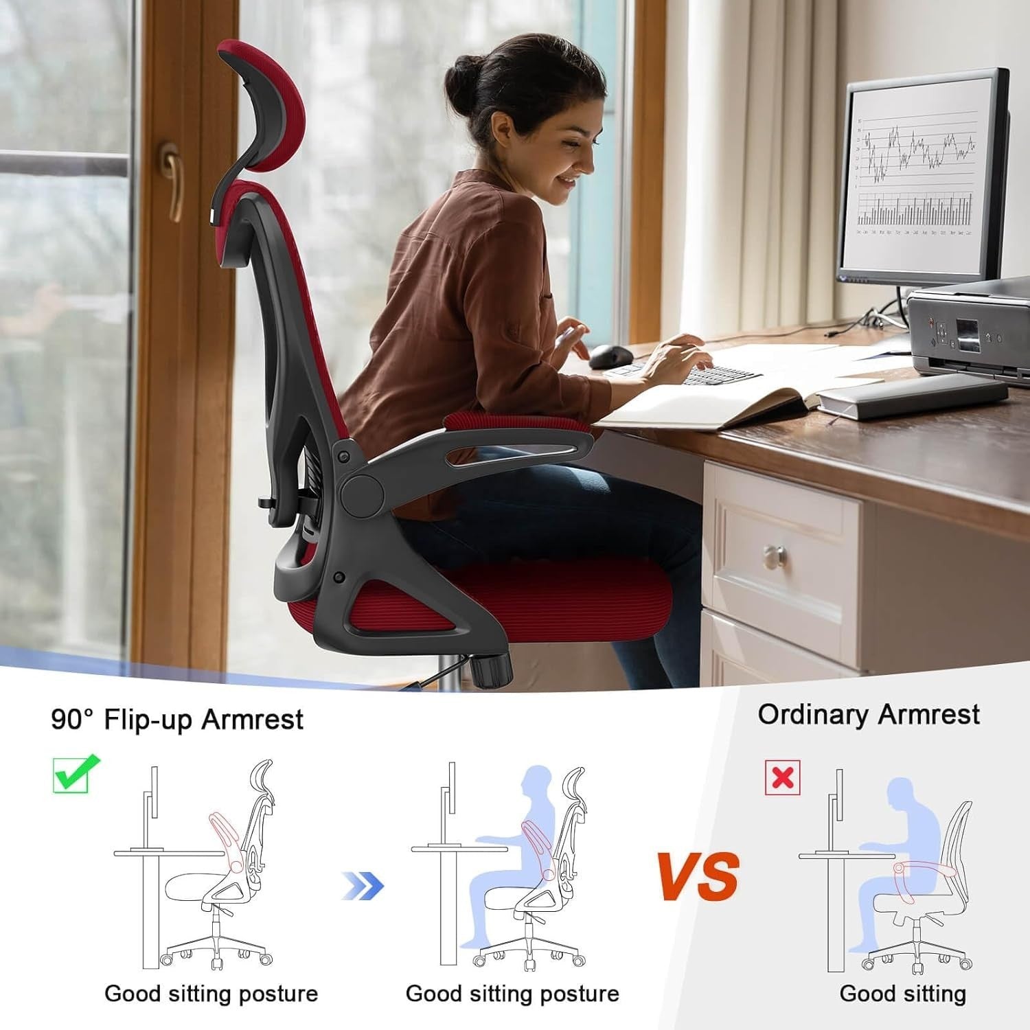 Ergonomic Mesh Office Chair High Back Swivel Adjustable Lumbar Burgundy