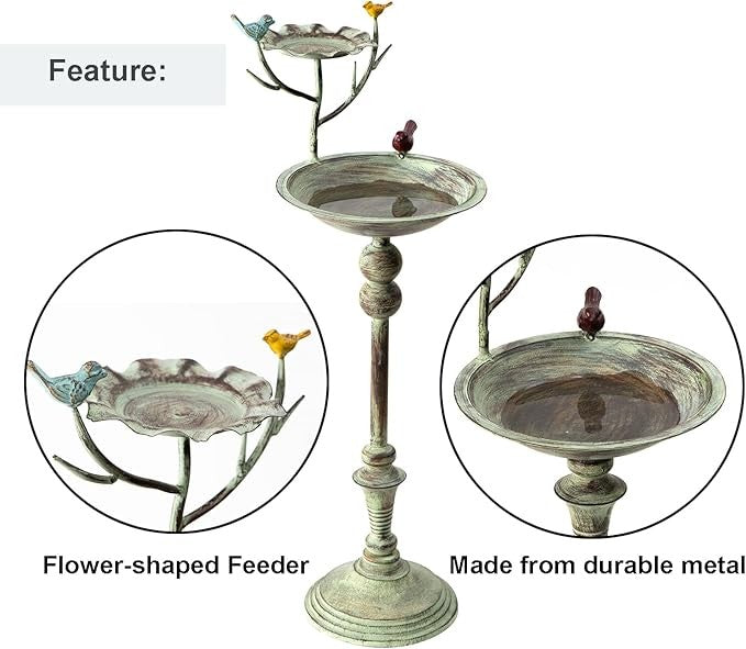 25" Iron Bird Bath & Feeder Stand – Distressed Green Outdoor Garden Décor