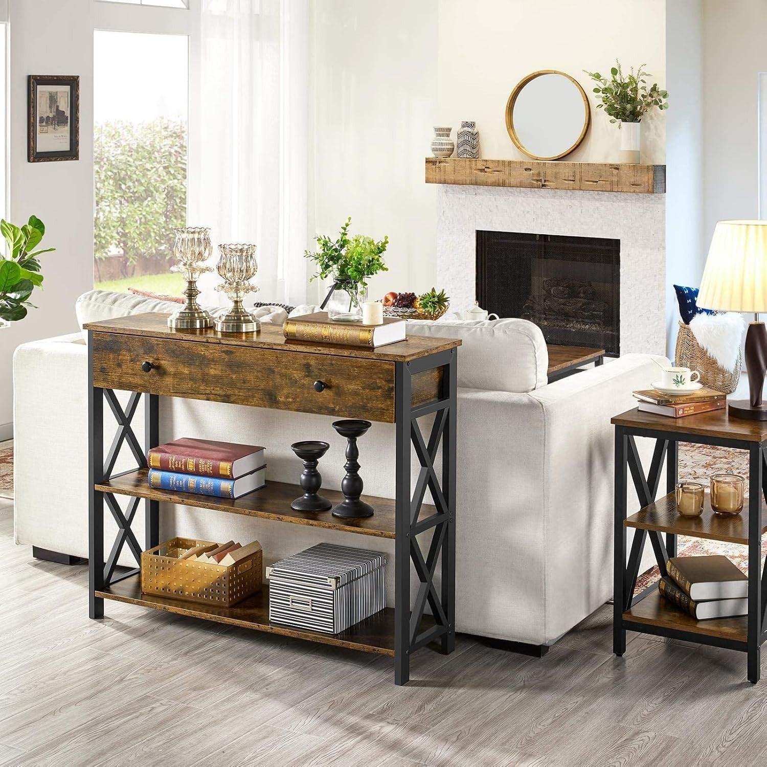 Industrial Console Table with Drawer & 2 Shelves, 100x29.5x81cm, Rustic Brown