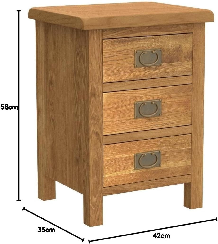 Rustic Oak 3 Drawer Bedside Table – Solid Wood Nightstand Storage Cabinet