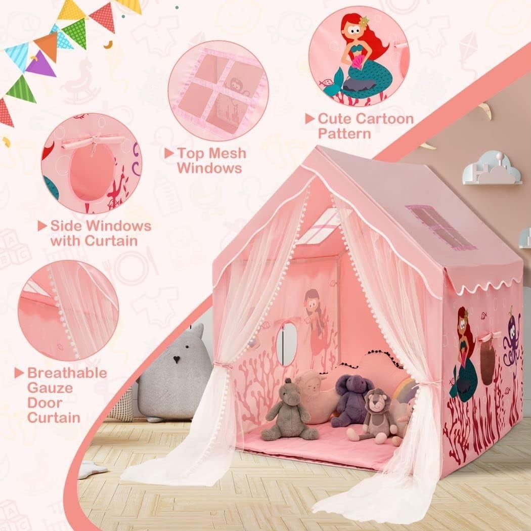 Pink Kids Castle Playhouse Tent Indoor Outdoor w Mat Windows Gift