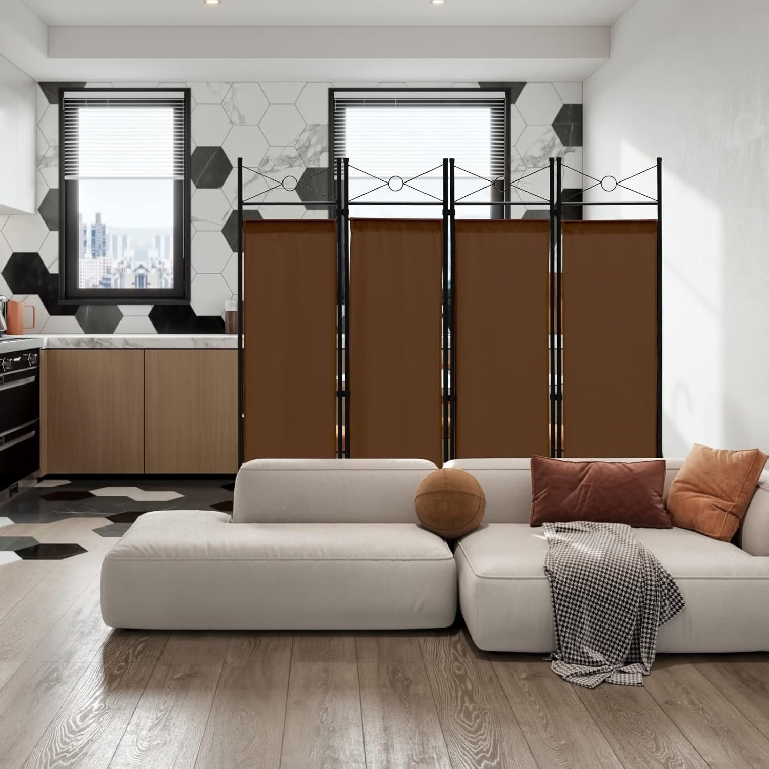 4 Panel Brown Folding Room Divider Privacy Screen for Bedroom Office Living