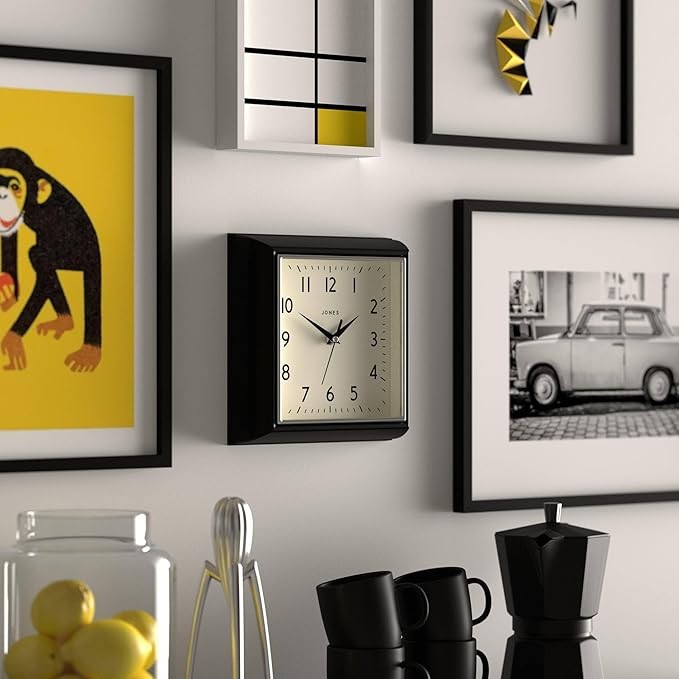 Black Retro Square Wall Clock 25cm Silent Quartz Easy Read Modern Kitchen Office