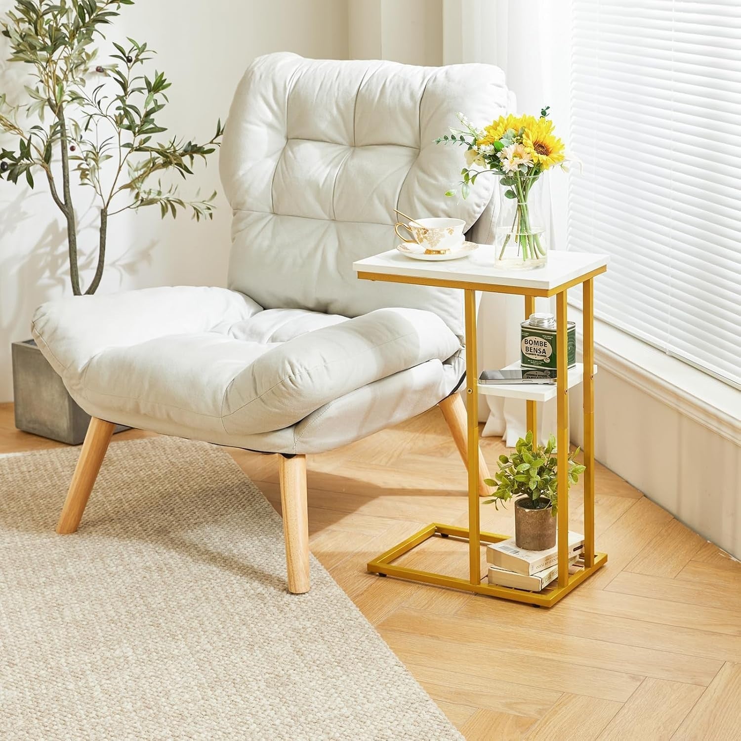 C-Shaped Side Table Marble Pattern White & Gold – Compact, Sturdy, Easy Access