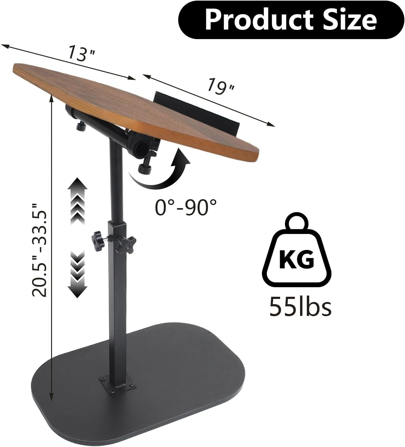 Adjustable C Shaped Side Table Swivel Laptop Desk for Sofa Bed Rustic Wood