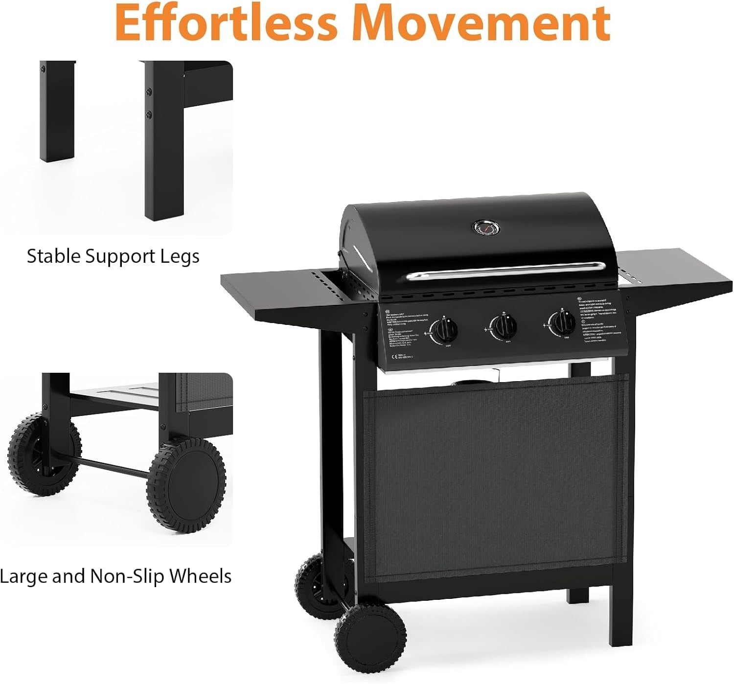 3 Burner Gas BBQ Grill with Lid, 49x106x98cm, Thermometer, Side Shelves & Wheels