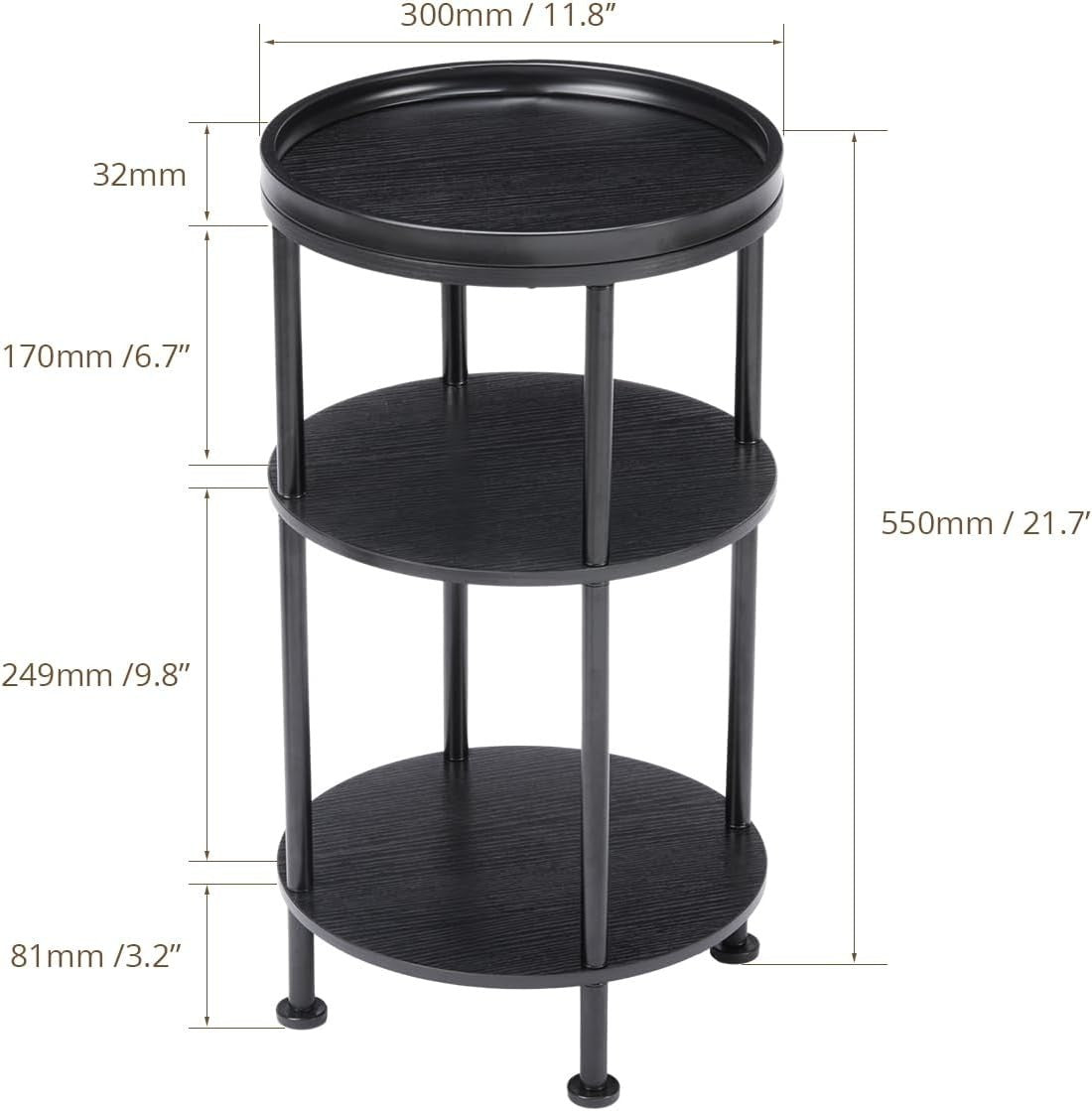 3 Tier Round Side Table with Storage Shelf Metal Frame Small Space 30x55cm