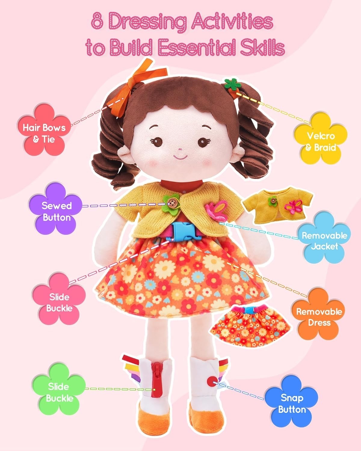 Busy Montessori Plush Doll 16in Learning Sensory Toy for Toddlers