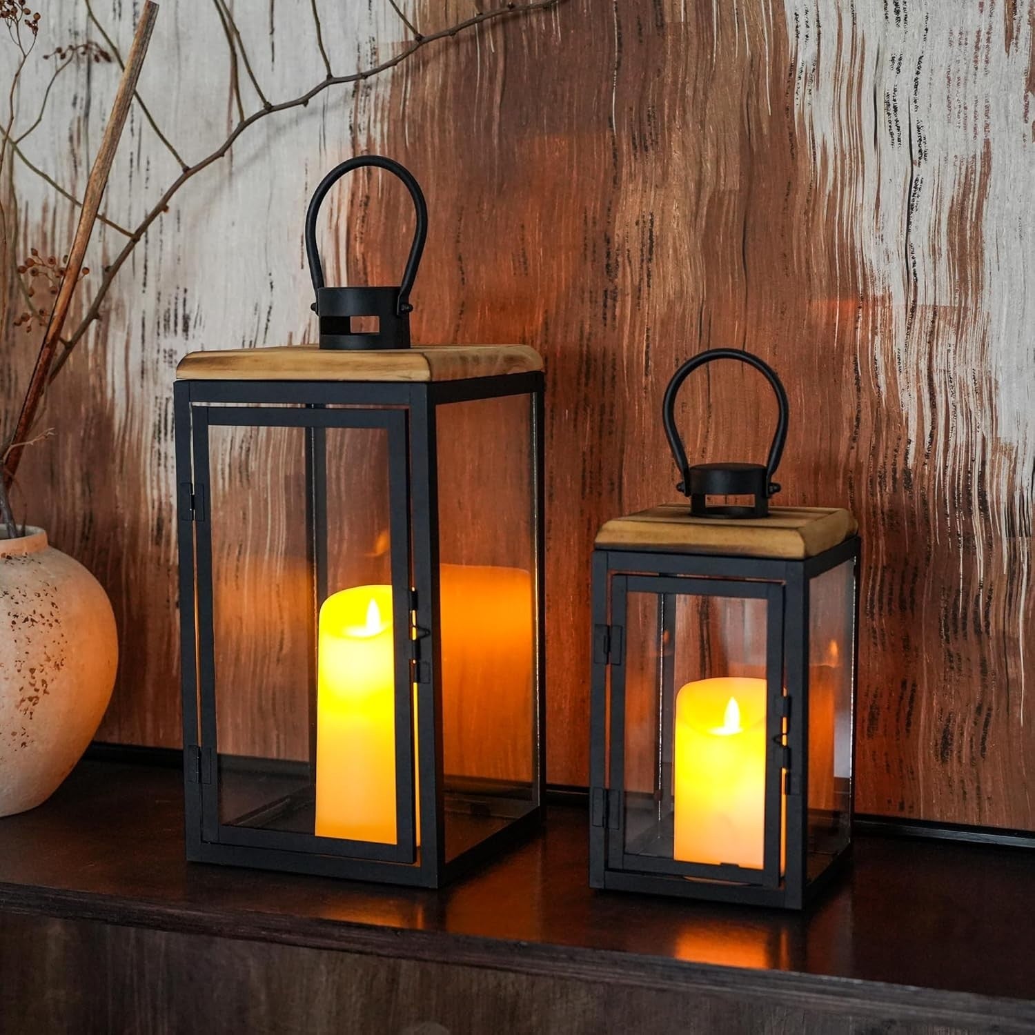 Set of 2 Large Black Metal Candle Lanterns Home Decor