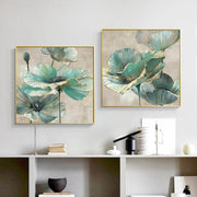 2Pcs Emerald Green & Gold Flower Canvas – Modern Frameless Wall Art 60x60cm