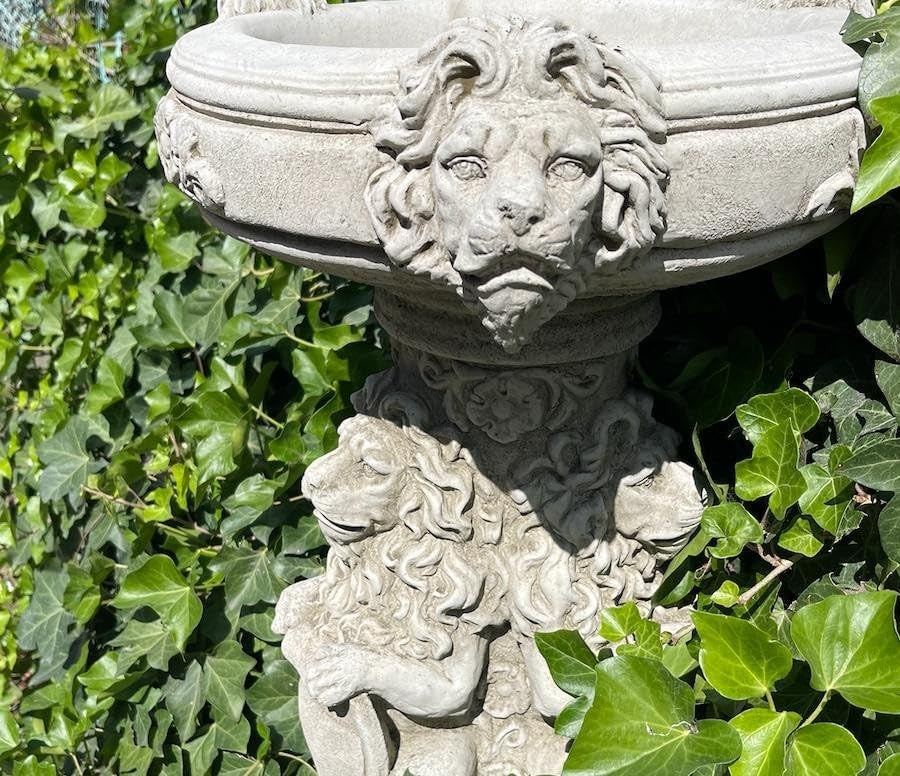 Regal Stone Bird Bath Statue Three Lions Cast Garden Ornament Outdoor