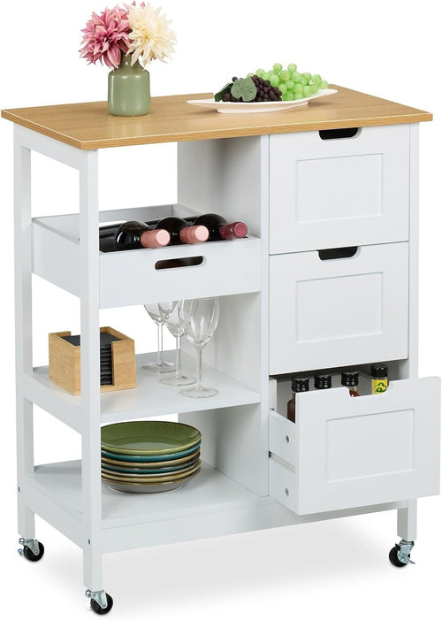Rolling Kitchen Island Cart with 3 Drawers, Shelves & Wood Worktop, White