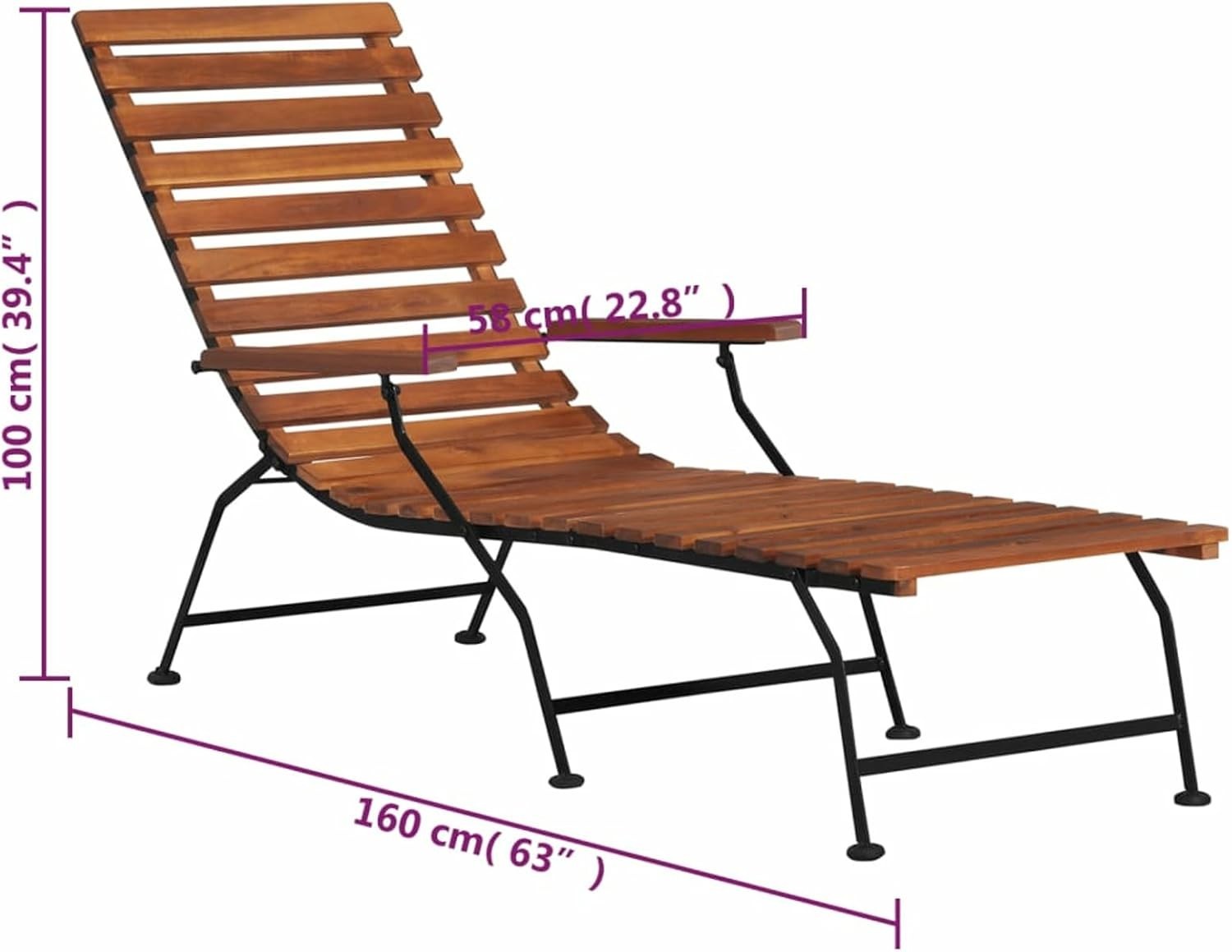 Acacia Wood Outdoor Sun Lounger Chair with Armrests & Footrest Garden Bed