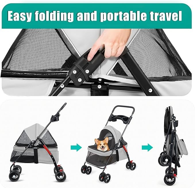 4 Wheel Dog Stroller Folding Pet Pram Travel Pushchair Cup Holder Grey